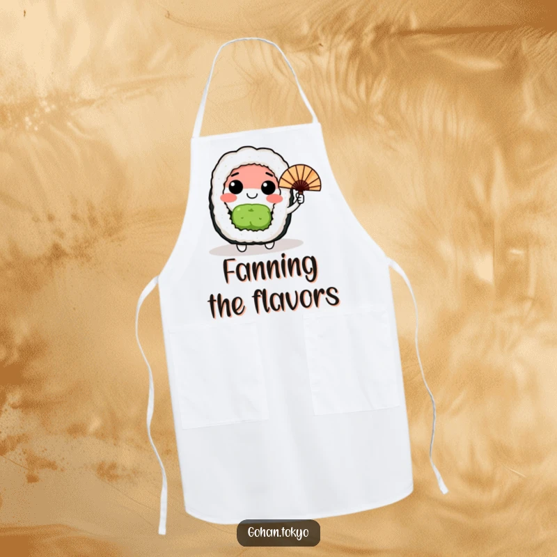 Funny happy sushi roll character waving a small Japanese fan, a humorous apron for kitchen fun and sushi making.