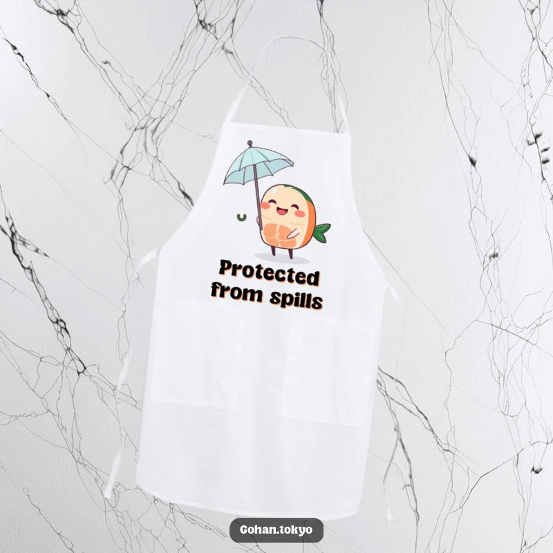 Funny Sashimi Apron showcasing a grinning piece of sashimi character holding a tiny umbrella, perfect for kitchen fun.