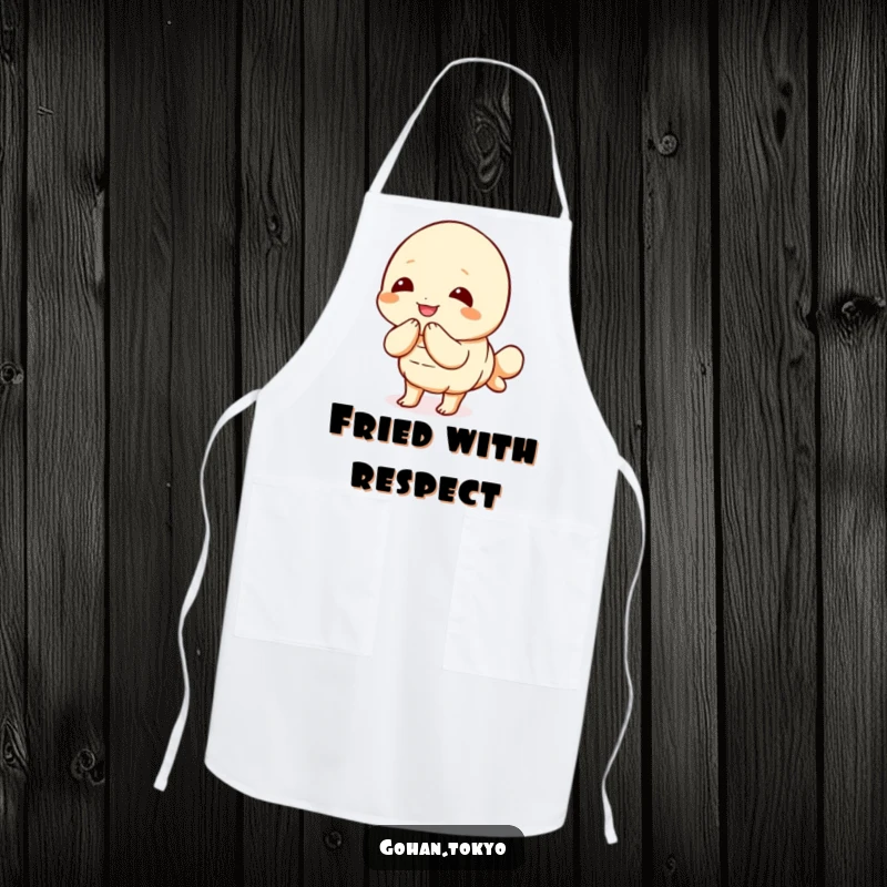 Funny Tempura Shrimp Apron showcasing a joyful character bowing politely, ideal for kitchen duties and friendly service.