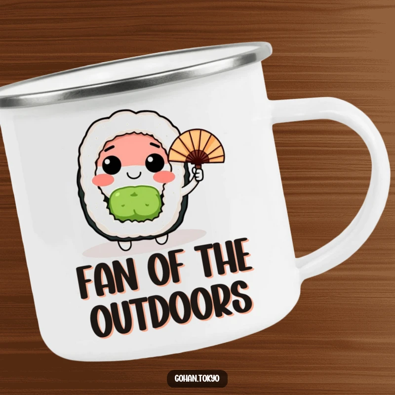 Funny happy sushi roll character waving a small Japanese fan, in a camping setting, a humorous mug.