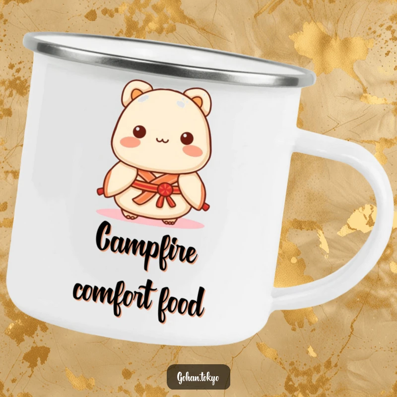 Funny Dumpling Camping Mug featuring a playful character in a decorative kimono sash, perfect for drinks during outdoor adventures.