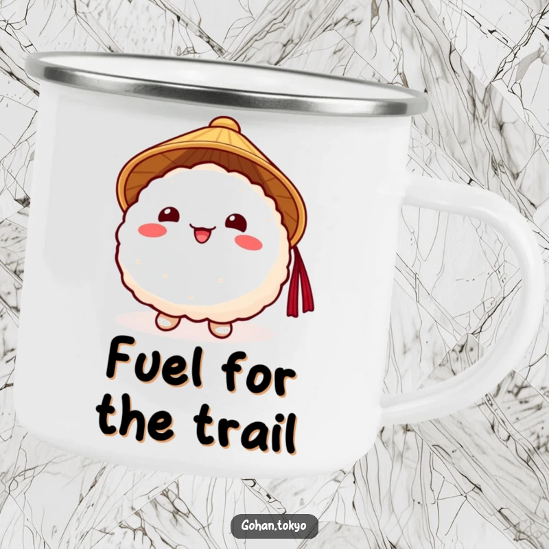 Funny Rice Ball Camping Mug featuring a smiling character in a traditional Japanese hat, perfect for drinks on the go.