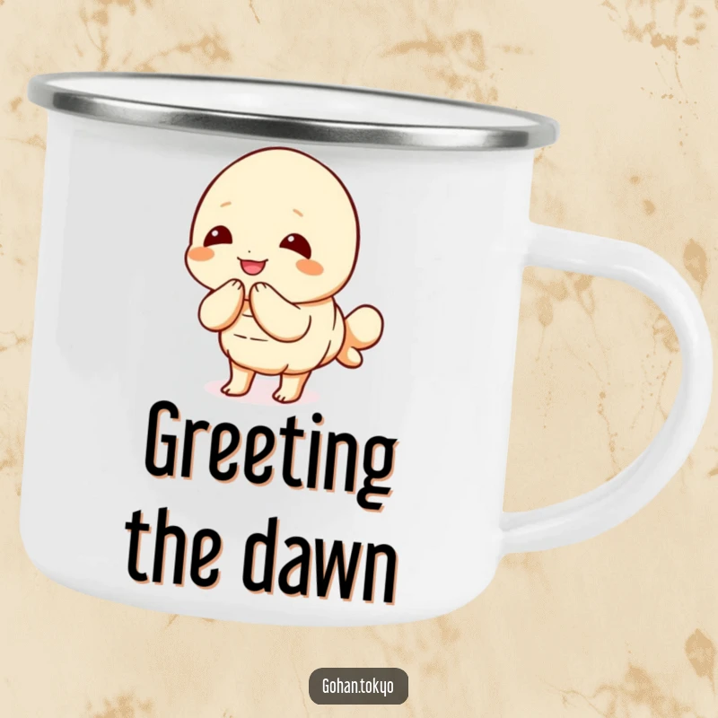 Funny Tempura Shrimp Camping Mug featuring a joyful character bowing politely, perfect for enjoying drinks outdoors.