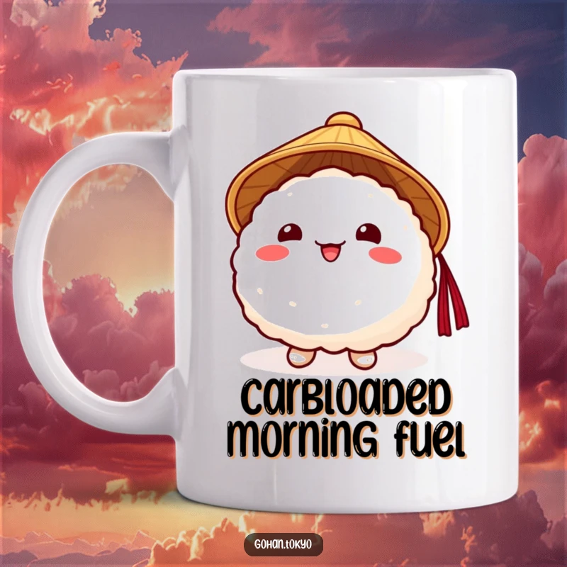 Funny Rice Ball Mug featuring a cheerful character in a traditional Japanese hat, ready to bring smiles and good vibes.