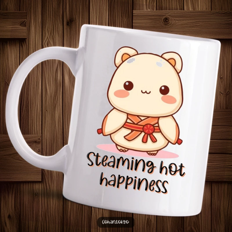 Funny Dumpling Mug showcasing a playful character adorned in a decorative kimono sash, adding a touch of elegance and humor.
