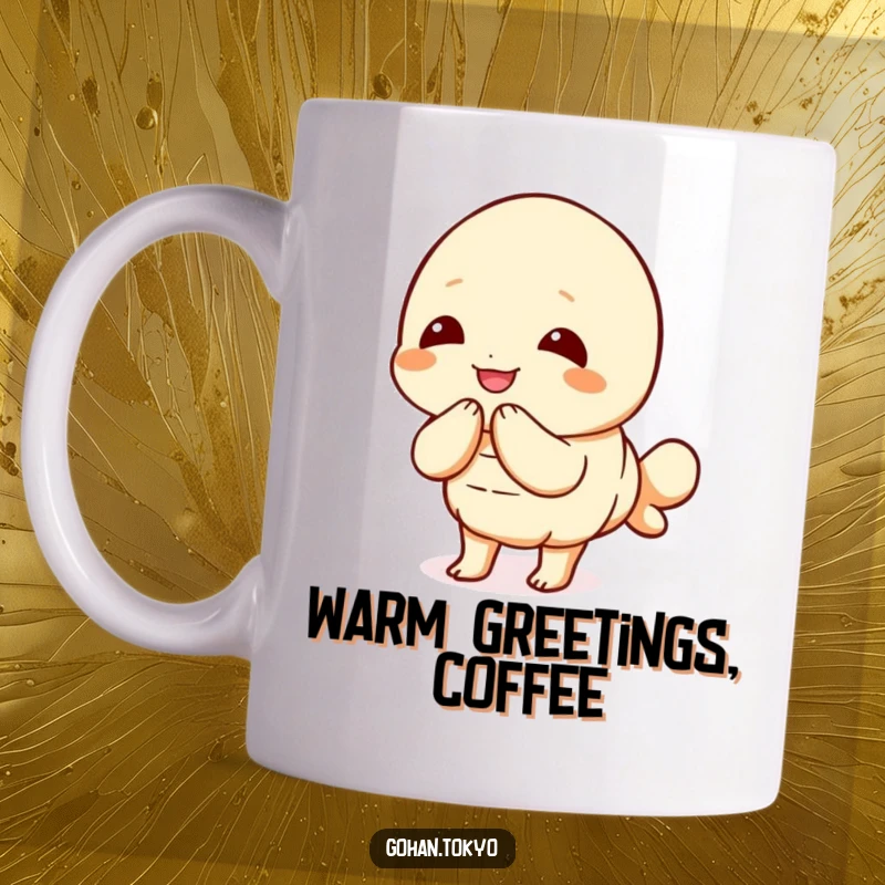 Funny Tempura Shrimp Mug depicting a joyful character bowing politely, radiating warmth and good manners.