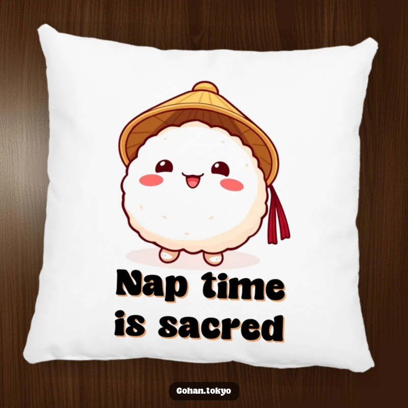 Funny Rice Ball Pillow featuring a happy character in a traditional Japanese hat, perfect for comfort and smiles.