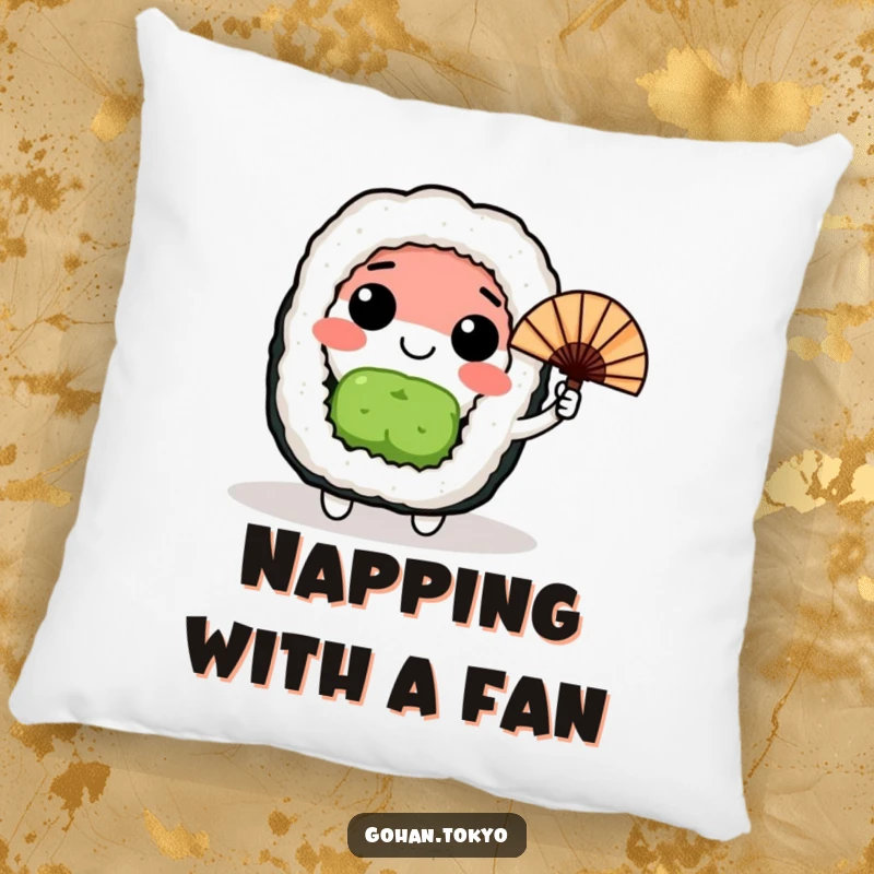 Funny happy sushi roll character waving a small Japanese fan, a soft and humorous throw pillow for comfort.