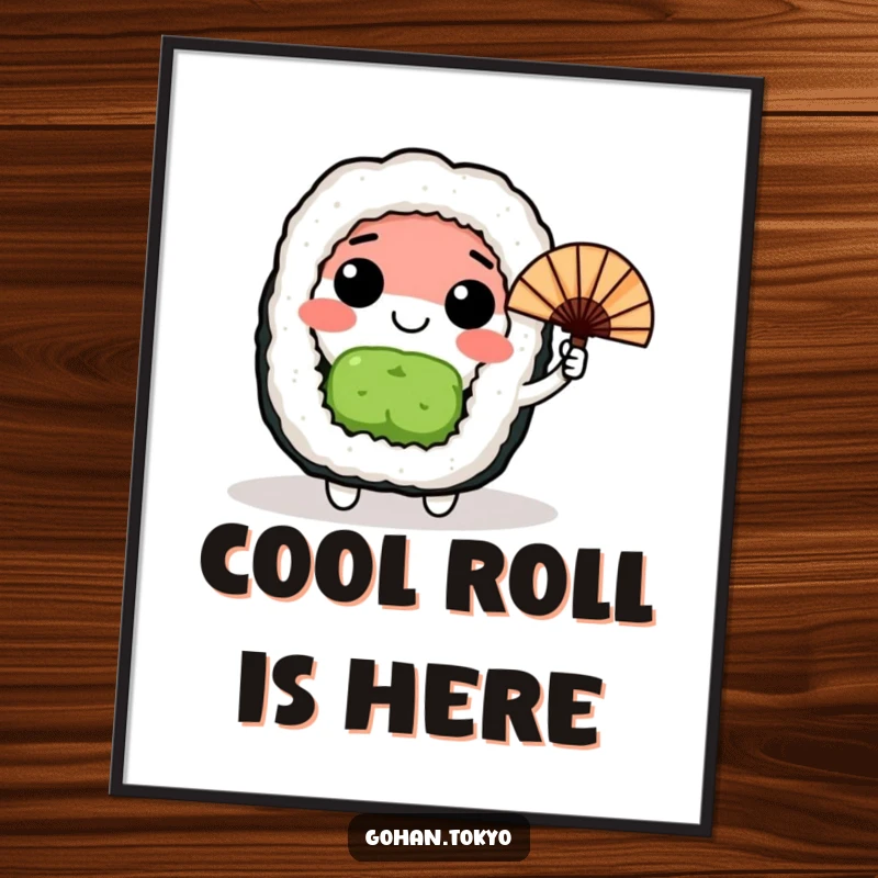 Funny happy sushi roll character waving a small Japanese fan, a high-resolution digital art print for instant whimsical decor.