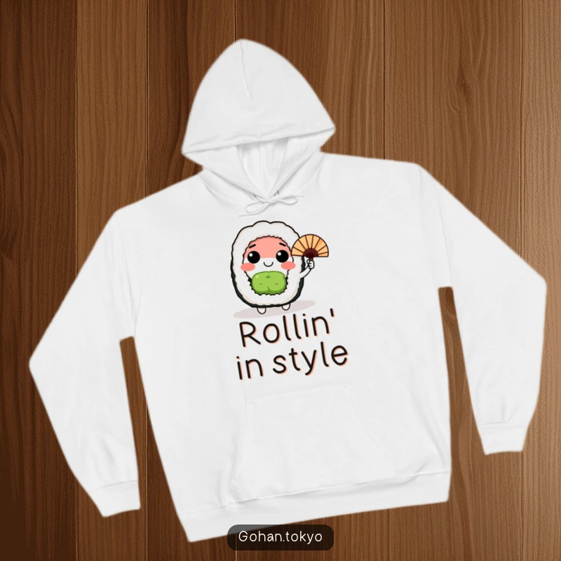 Funny happy sushi roll character waving a small Japanese fan, a warm and humorous hoodie for sushi lovers.