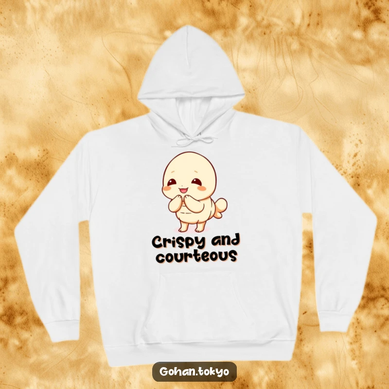 Funny Tempura Shrimp Hoodie with a joyful character bowing politely, offering warmth and a friendly demeanor.