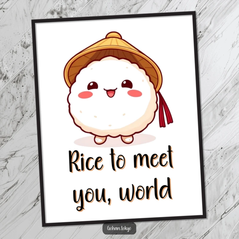 Funny Free Printable Wall Art: Cheerful rice ball wearing a Japanese hat, radiating positive vibes and cuteness.