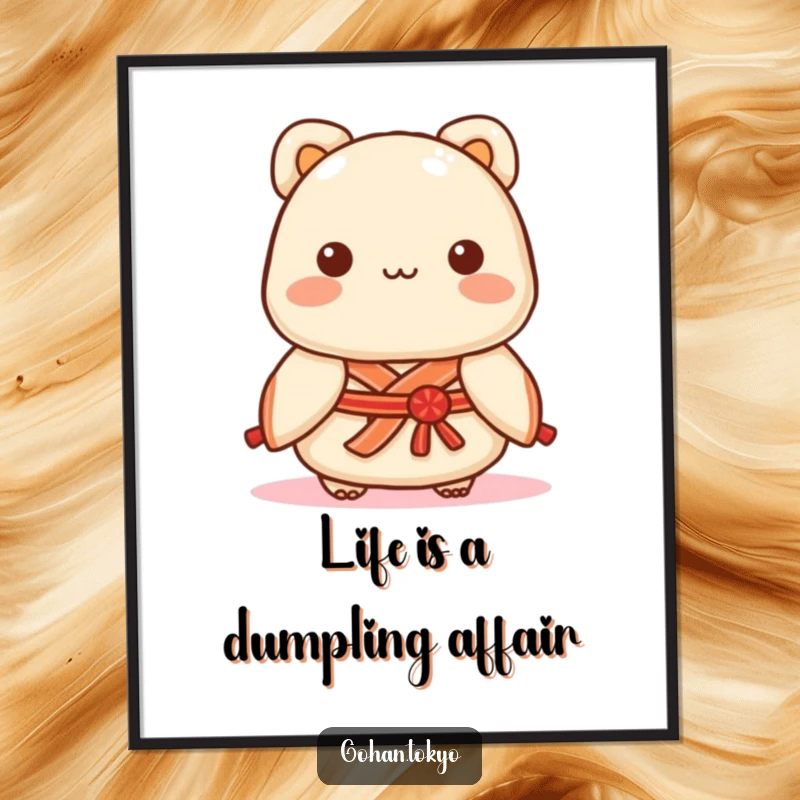 Funny Free Printable Wall Art: Playful dumpling character wearing a decorative kimono sash, looking stylish and cute.