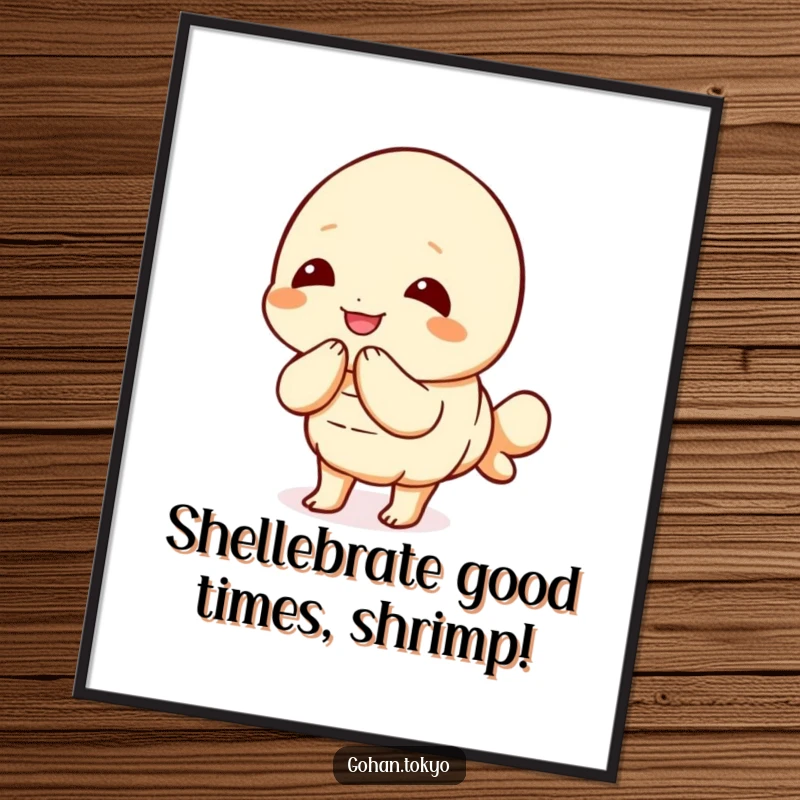 Funny Free Printable Wall Art: Joyful tempura shrimp character bowing politely, radiating good vibes and cuteness.