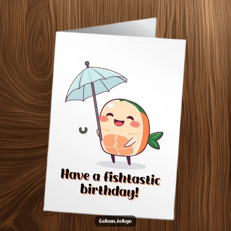 Funny Free Printable Birthday Card: Grinning sashimi slice holding a tiny umbrella, ready for a party.