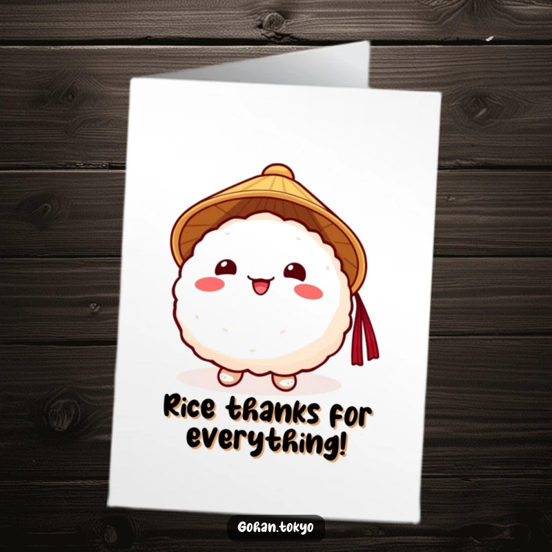 Funny Free Printable Thank You Card: A cheerful rice ball wearing a hat, expressing thanks with a cute bow.