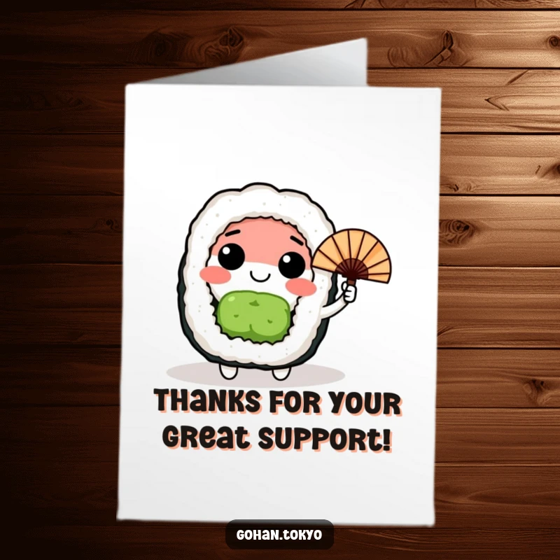 Funny Free Printable Thank You Card: A happy sushi roll character waves a small Japanese fan, offering a humorous thank you.