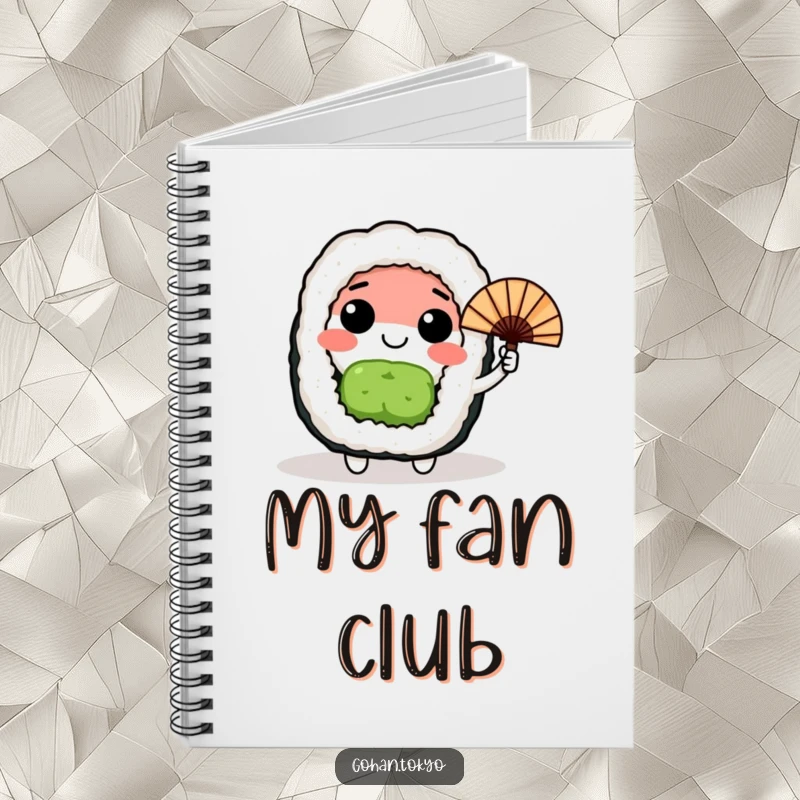Funny happy sushi roll character waving a small Japanese fan, a humorous notebook for capturing ideas and culinary notes.
