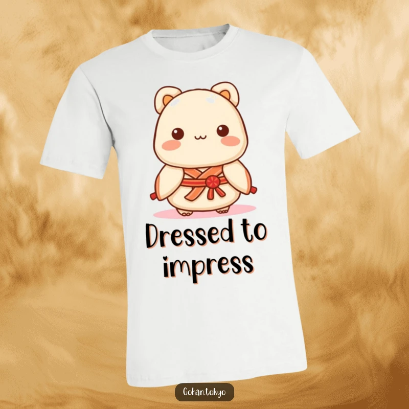 Funny Dumpling T-Shirt featuring a cute character in a decorative kimono sash, embodying playful charm and style.