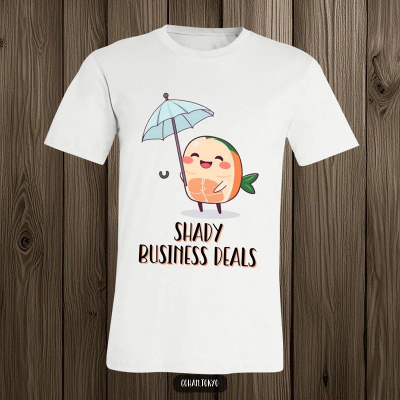 Funny Sashimi T-Shirt with a grinning piece of sashimi character holding a tiny umbrella, embodying playful and bold style.