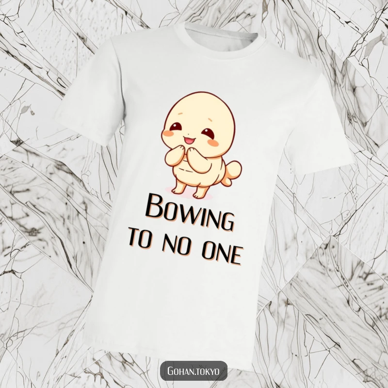 Funny Tempura Shrimp T-Shirt featuring a joyful character bowing politely, conveying warmth and respectful greetings.