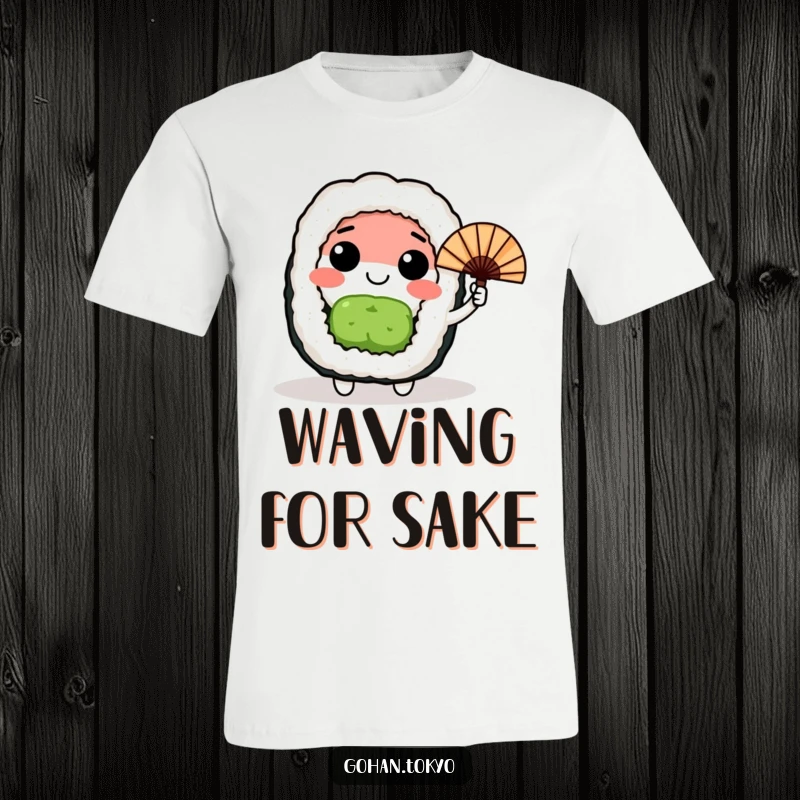 Funny happy sushi roll character waving a small Japanese fan, a delightful and humorous graphic tee.
