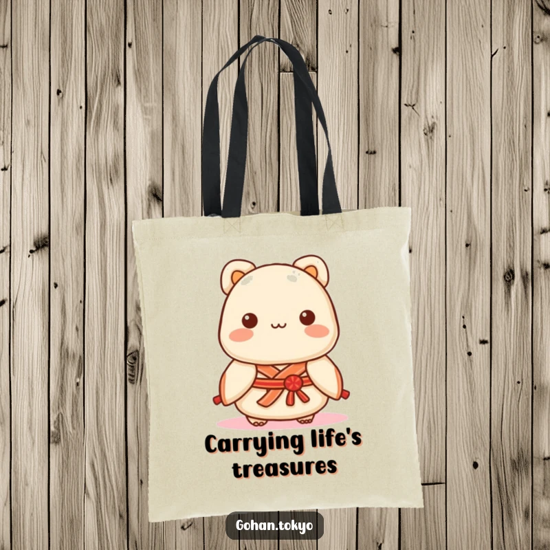 Funny Dumpling Tote Bag featuring a playful character in a decorative kimono sash, perfect for shopping and everyday use.