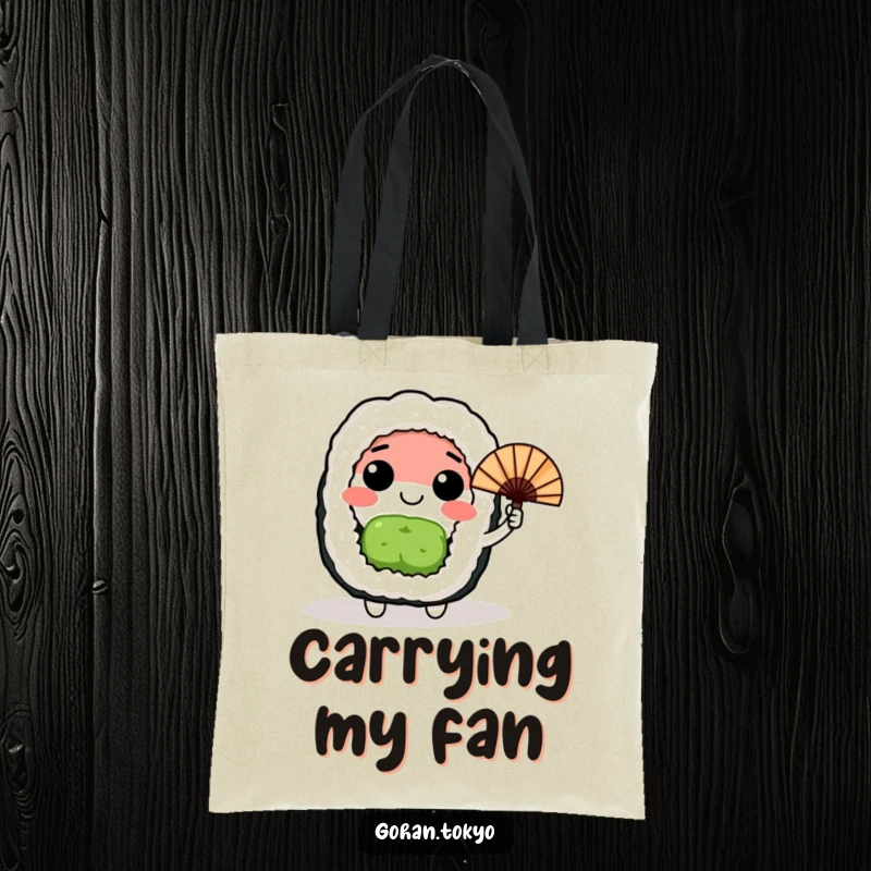 Funny happy sushi roll character waving a small Japanese fan, a vibrant and humorous tote bag for everyday use.
