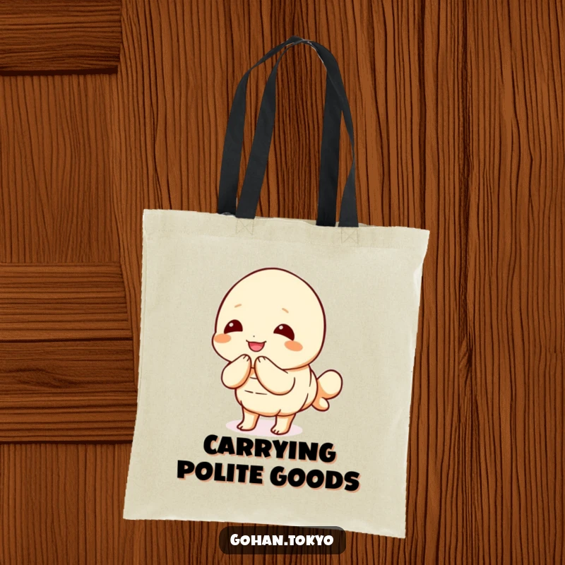 Funny Tempura Shrimp Tote Bag featuring a joyful character bowing politely, perfect for carrying essentials with charm.